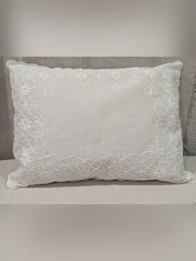 Vintage Marshall Fields child's feather pillow w/ white embroidered pillow case